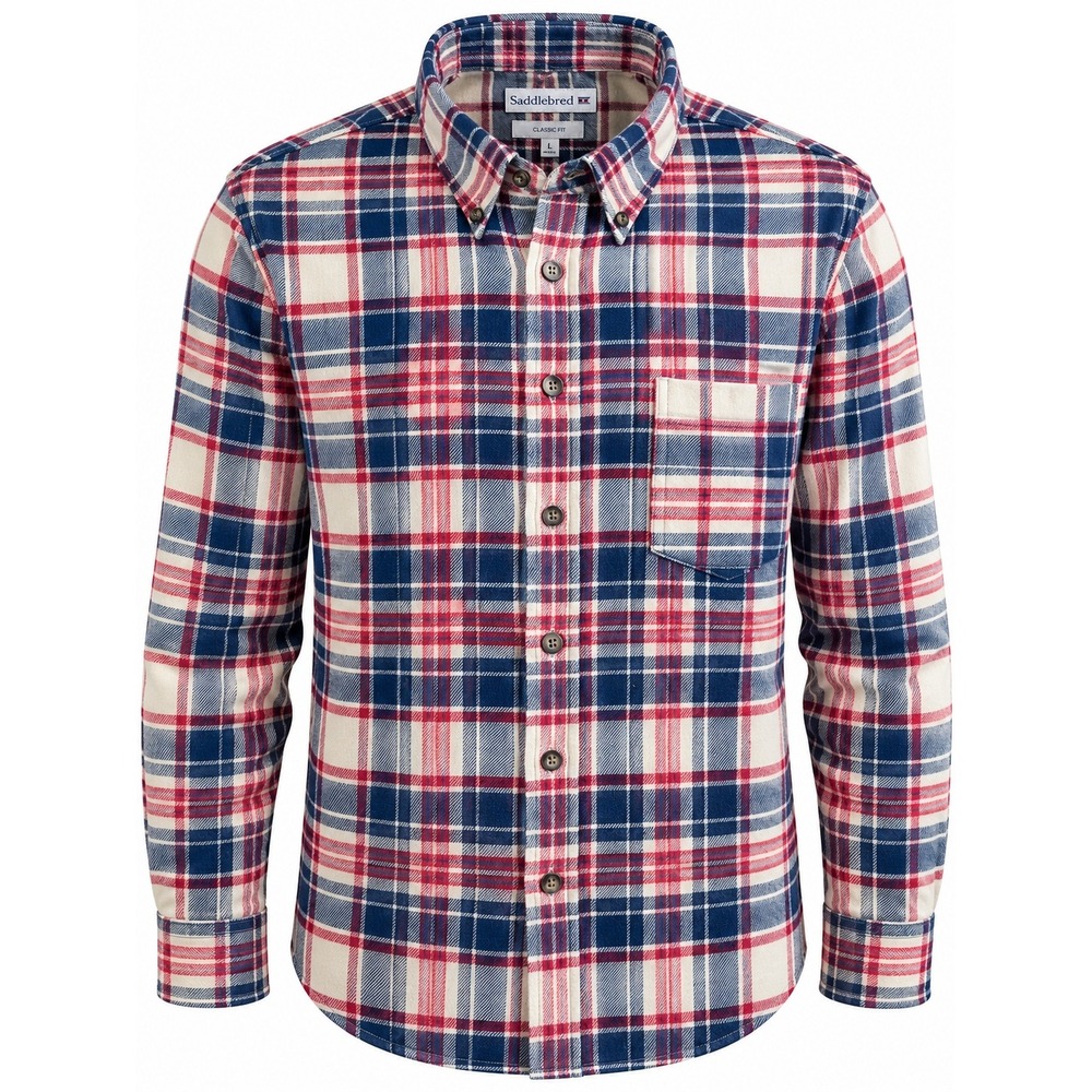 Saddlebred Mens Classic Fit Flannel Plaid Button Down Shirt Ivory Sail L